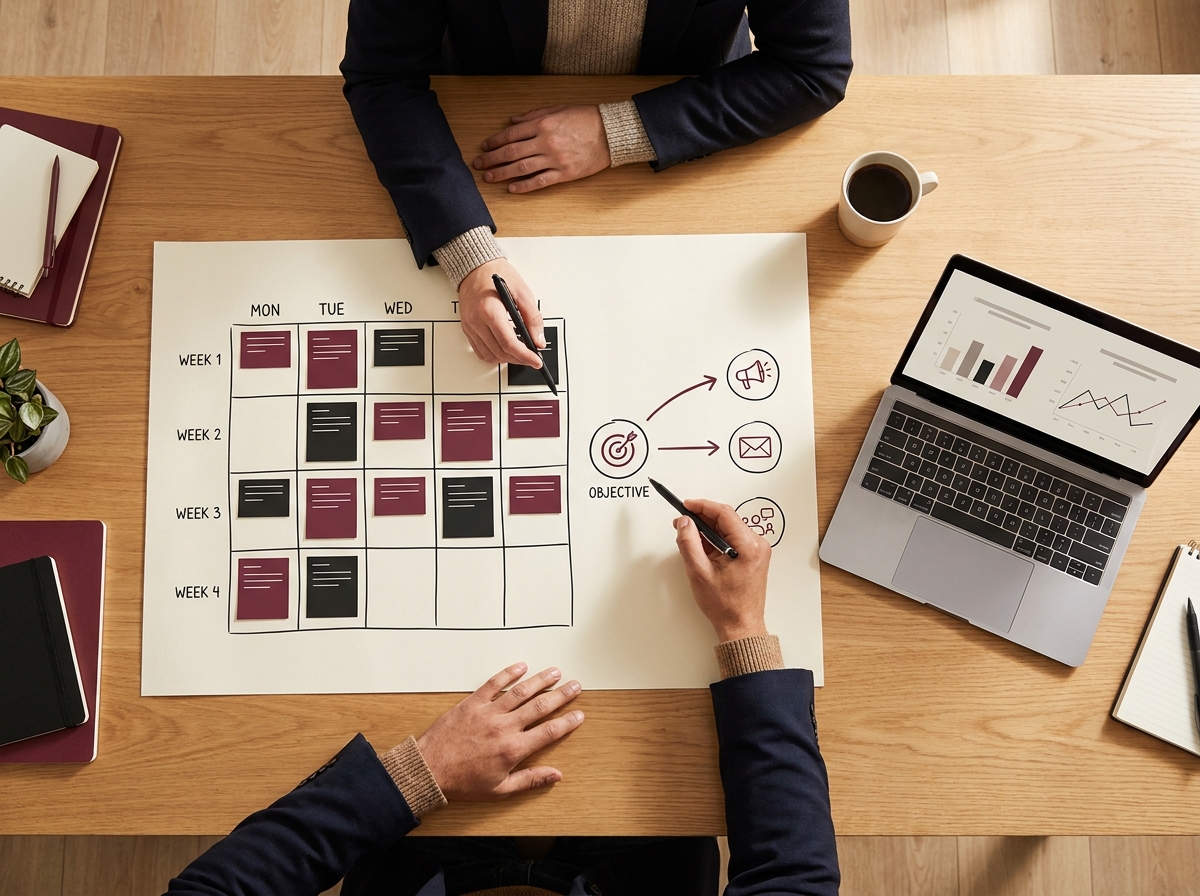 Planificación de contenido sobre una mesa, con calendario, objetivos y una computadora