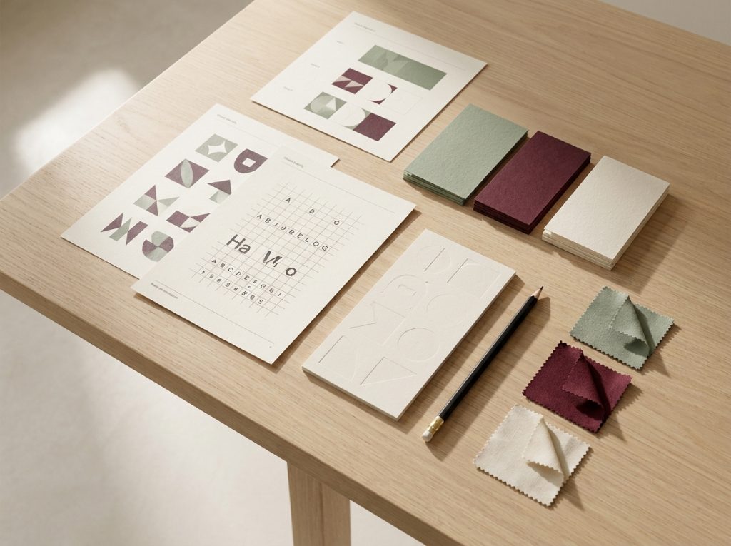 Muestras de color, formas gráficas y papelería para revisar una identidad visual