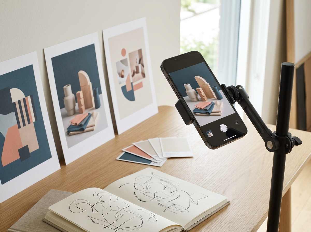 Producción de contenido con teléfono y producto, imagen conceptual del servicio
