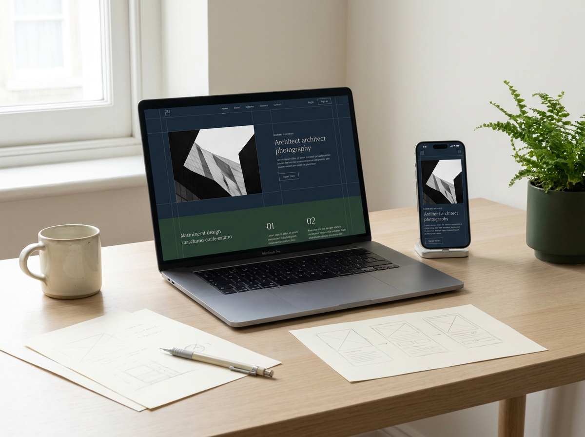 Sitio web presentado en computadora y teléfono — imagen conceptual del servicio