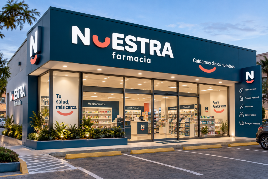 Visualización conceptual de fachada NUESTRA Farmacia con identidad azul y coral