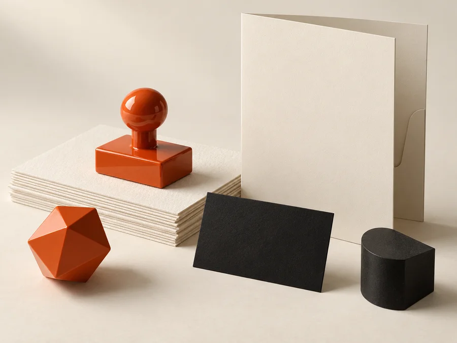 Papelería crema y sello naranja, concepto de identidad de marca