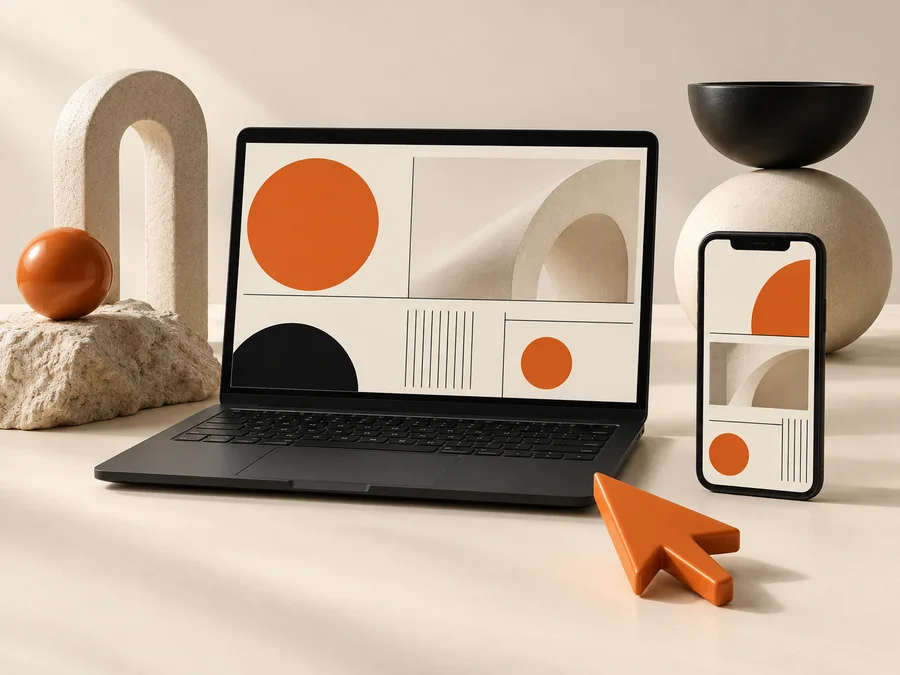 Laptop y móvil con una composición web conceptual