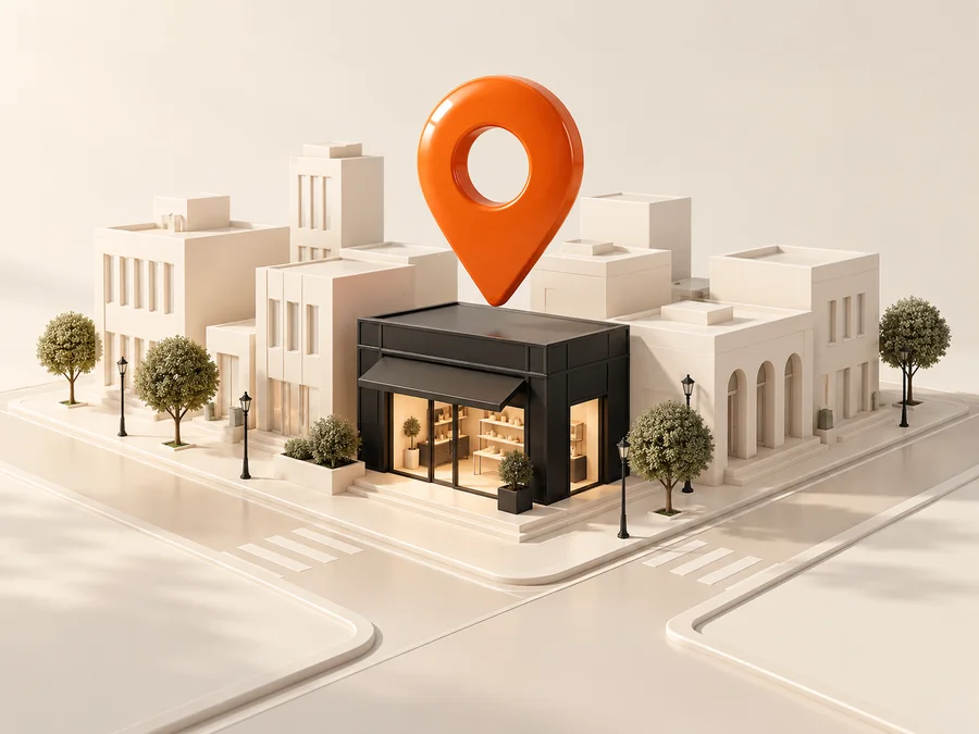 Marcador naranja sobre un negocio en una ciudad conceptual