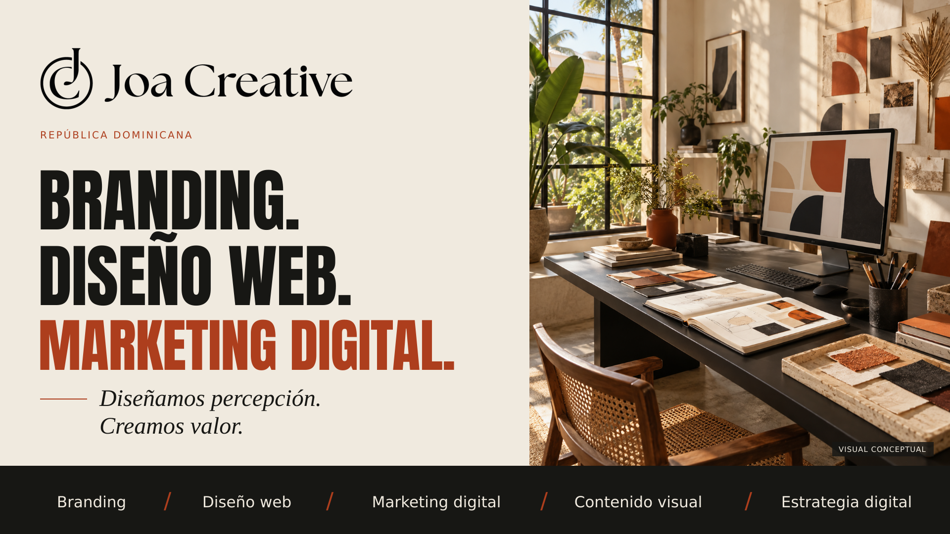Gráfico de Joa Creative con logo, servicios y fotografía conceptual de un espacio creativo.