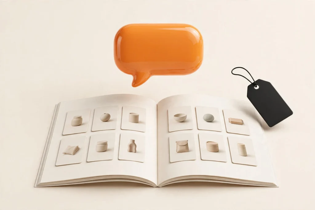 Catálogo de productos abierto con burbuja de chat naranja 3D y etiqueta negra — comercio conversacional por WhatsApp