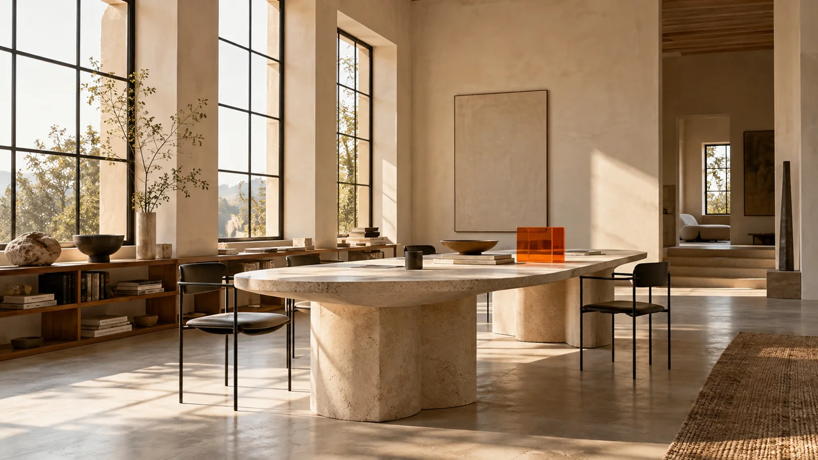 Interior luminoso conceptual, generado con IA, con mesa de piedra, sillas negras y acento naranja.