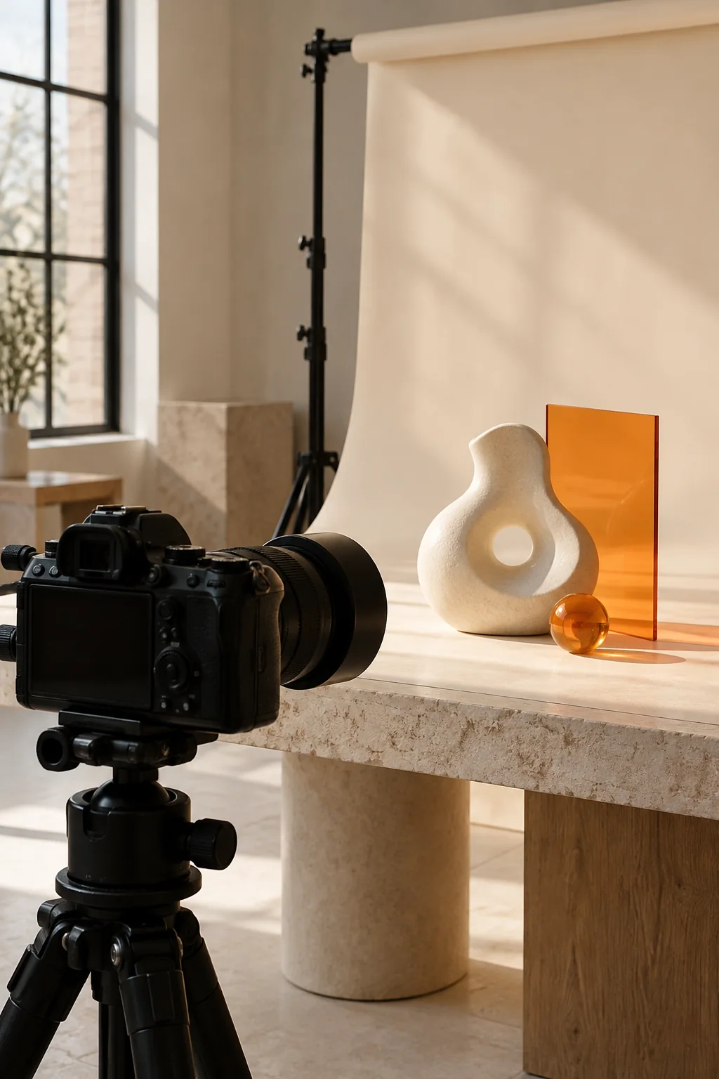 Visual conceptual de una cámara en trípode ante un fondo crema con objetos de piedra y acrílico naranja.