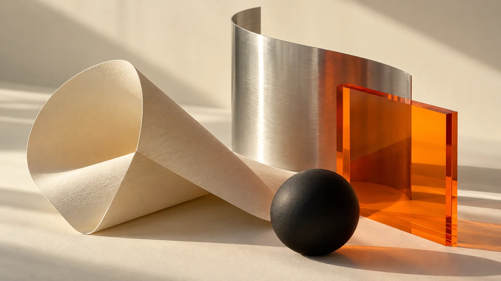 Composición conceptual de papel crema curvado, una esfera negra, metal y acrílico naranja.