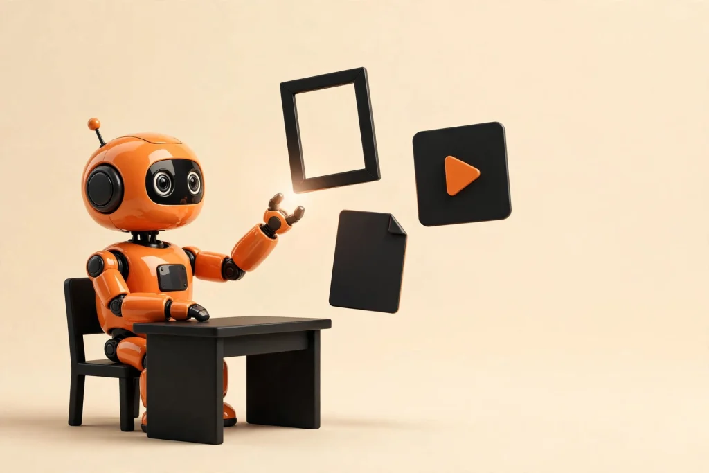 Robot naranja 3D creando piezas de contenido —foto, video y documento— sobre fondo crema