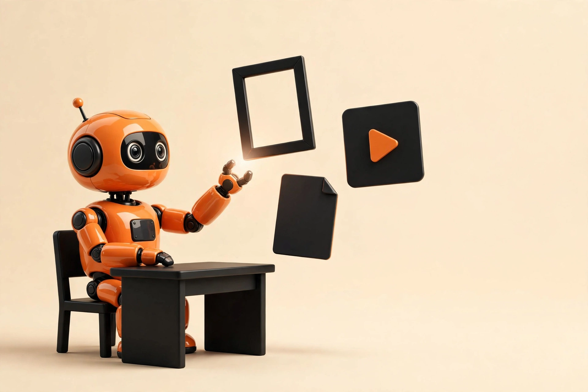 Robot naranja 3D produciendo contenido digital sobre fondo crema