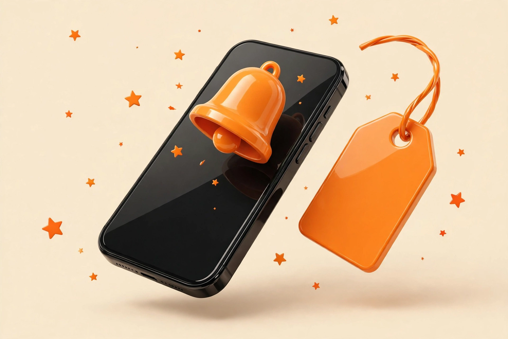 Teléfono 3D con alerta de baja de precio en una etiqueta