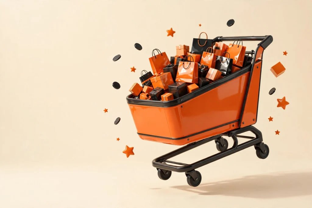 Carrito de compras 3D naranja y negro sobre fondo crema — Google Universal Cart