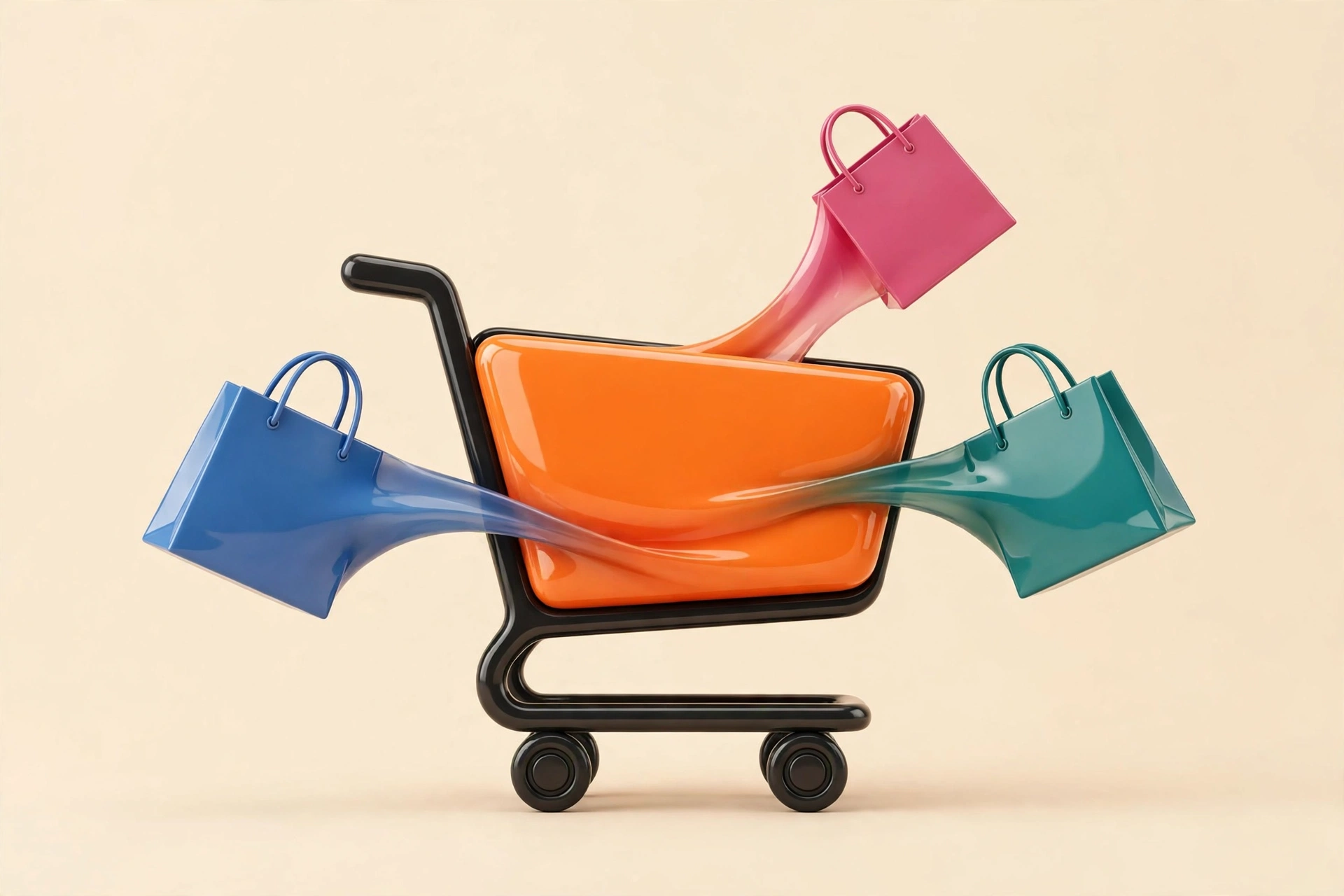 Bolsas de distintas tiendas uniéndose en un solo carrito de compras
