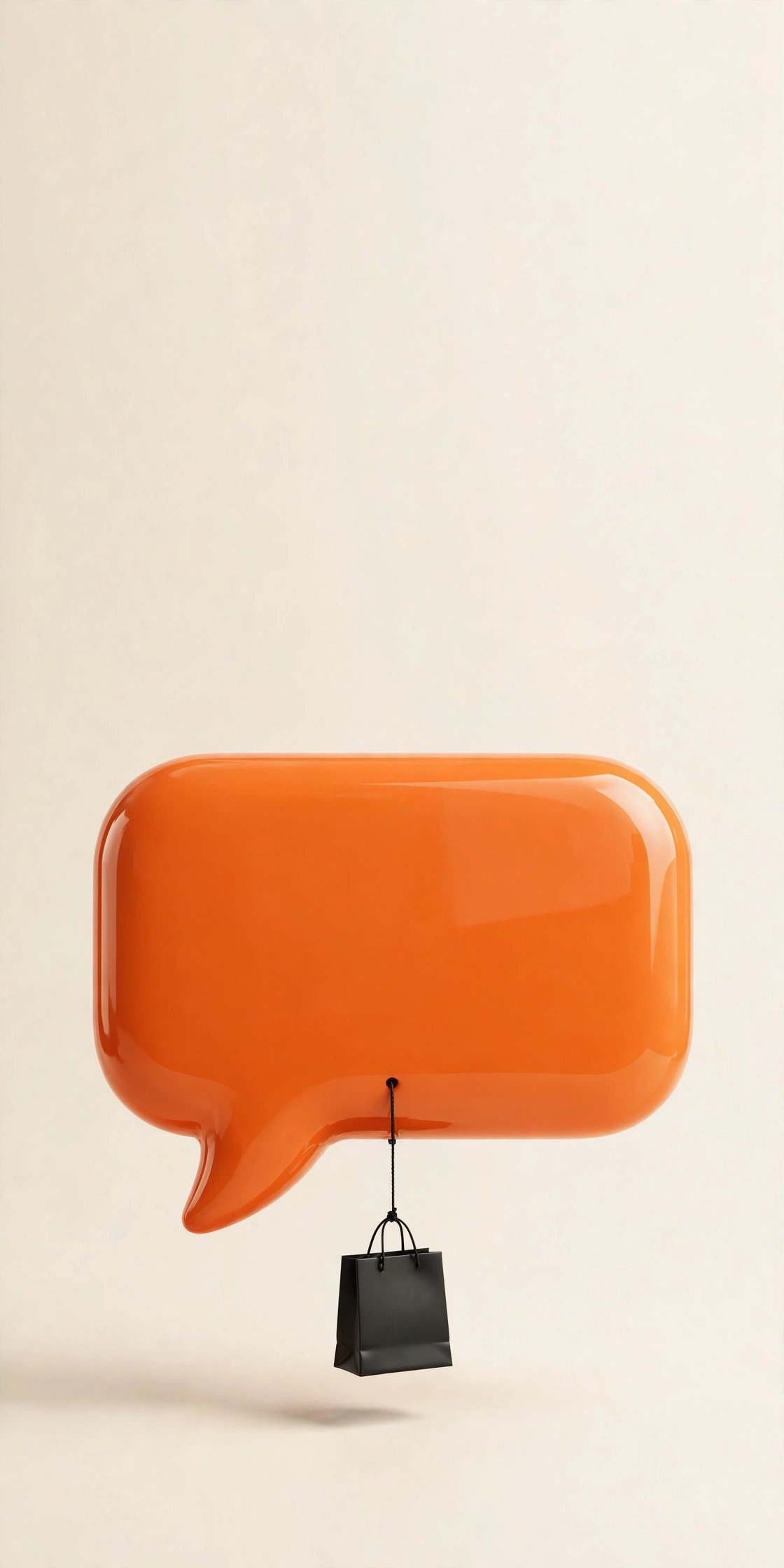 Burbuja de chat naranja 3D con bolsa de compra negra sobre fondo crema